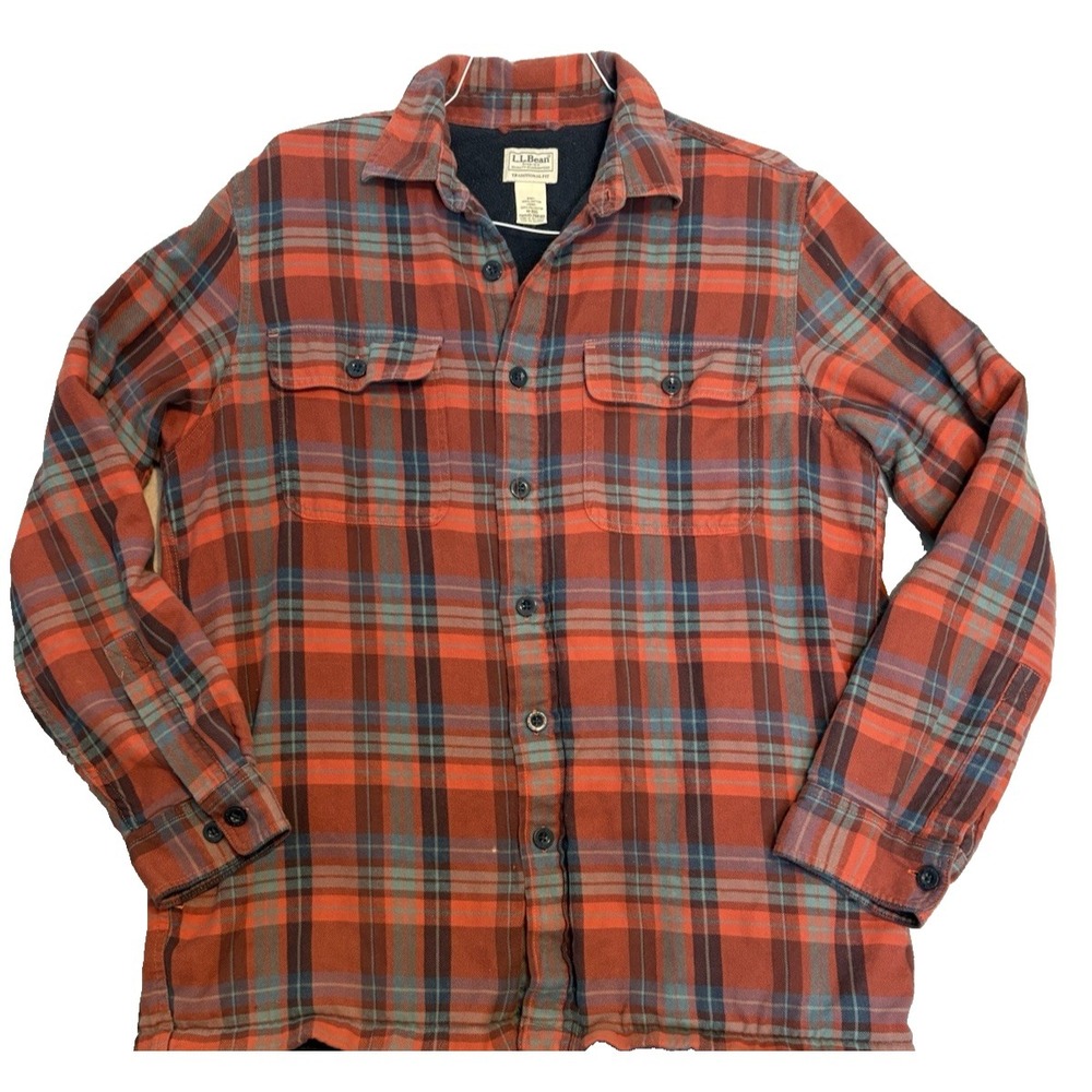 LL Bean Shirt Mens‎ M Flannel Lined Shacket Reg Red Plaid FleeceTraditional Fit